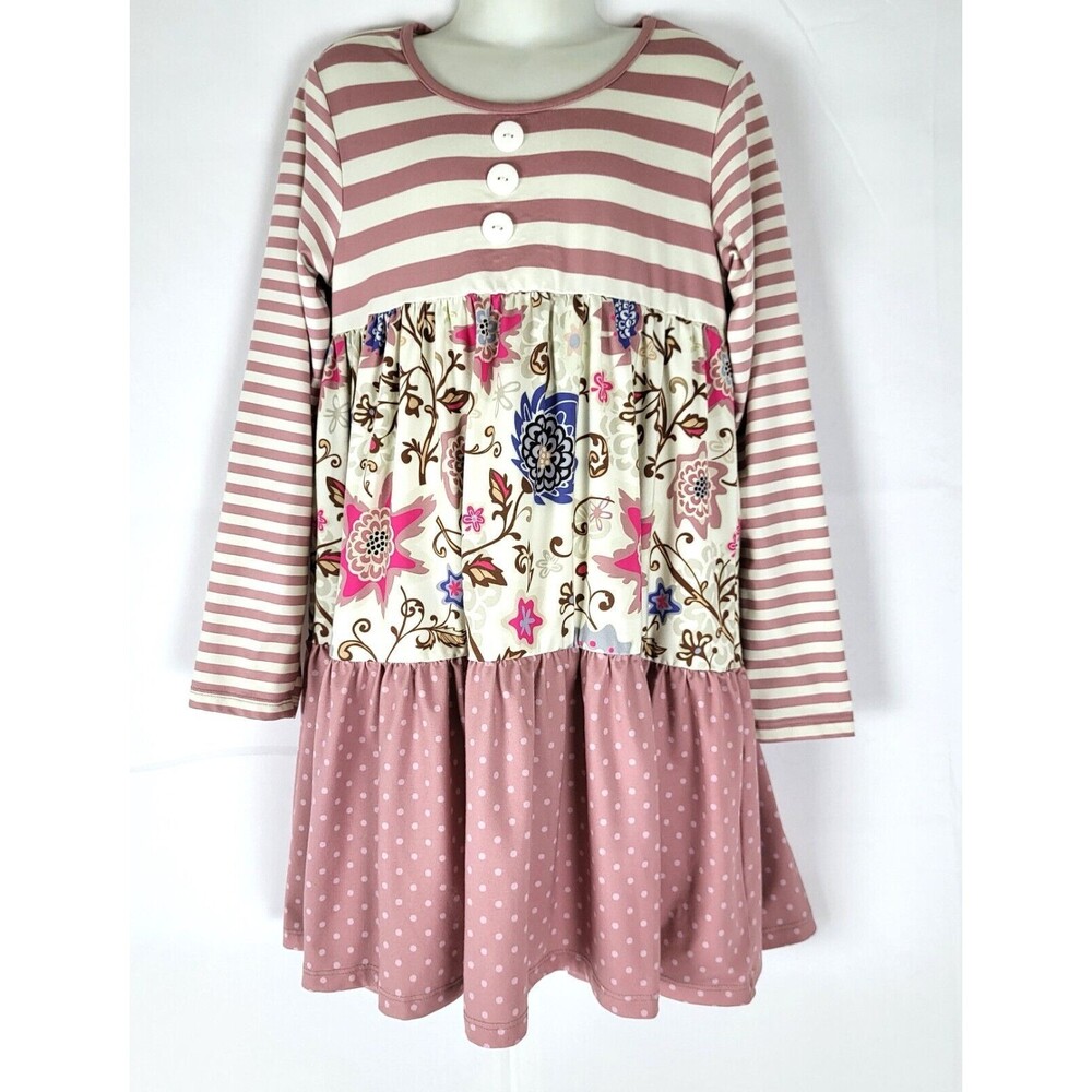 Millie Loves Lily Dress Tiered Floral Long Sleeve Size 8 Stripes Polka Dots